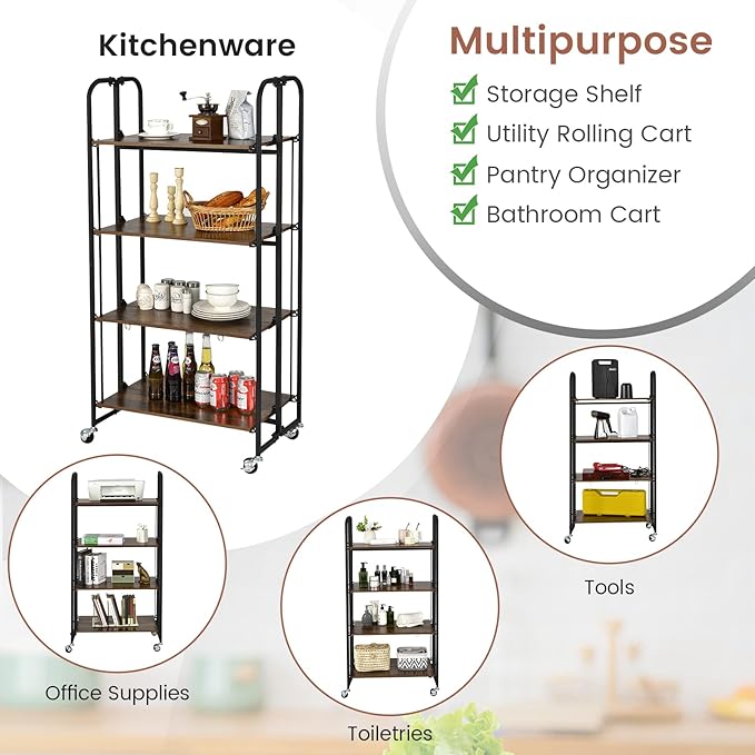 Giantex Foldable Storage Shelves with Wheels, No Assembly 4-Tier Rolling Cart, 2 of The Wheels Have Locks, Microwave Utility Cart Baker Rack, Portable Storage Rack w/Metal Frame, for Kitchen, RV