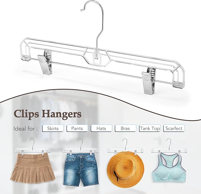 HOUSE DAY 50 Pack 14 inch Clear Plastic Pants Hangers with Clips, Skirt Hangers, Clip Hangers for Pants, Trouser Bulk Plastic Pant Hangers