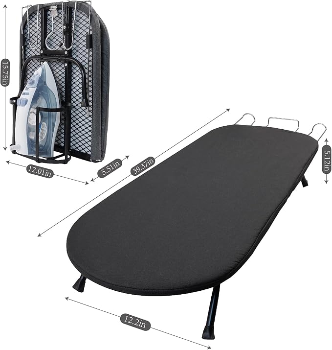 Table Top Ironing Board with Iron Holder and Wall Mount, Foldable Mine Iron Board,Portabled, Omuachip Metal Small Iriong Table Countertop for Space Saving,（No Ironing Included 39 x 12inches, Black