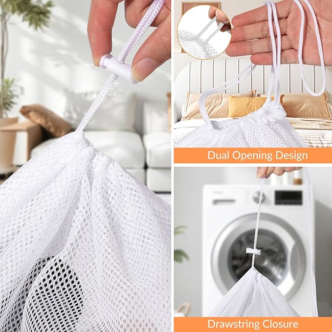 2 Pack Mesh Laundry Bags - Large & Small Heavy Duty Mesh Laundry Bag with Drawstring, Wash Bags for Travel, College, Dorms, Sports, Family, White