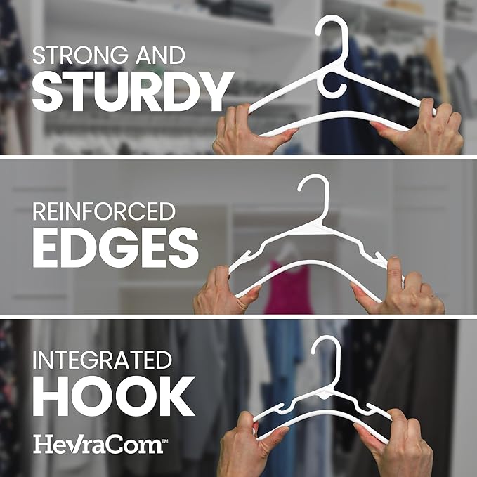 HevraCom Clothes Hangers Family Pack Strong Non Slip Hangers 50 Pack - 30 Standard, 10 Kids, 10 Heavy Duty, Space Saving Coat and Pants Hangers, Skirt Hanger for Storage, Hangers Plastic 50 Pack
