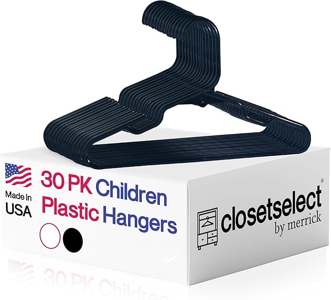 Childrens Hangers 30 Pack - 11.75 Inch Plastic Kids Hangers for Closet, Baby Hangers for Children Clothes Sizes 0 to 8, Non-Slip Infant Hangers with Shoulder Grooves, Made in USA | Black