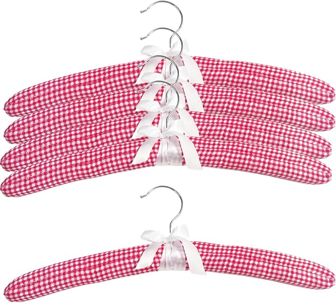 Plaid Pattern Padded Hangers for Women Clothing,Satin Hangers Padded Bride Hanger for Wedding Dress Soft Padded Hanger for Sweaters Coat Clothes (5, Red)
