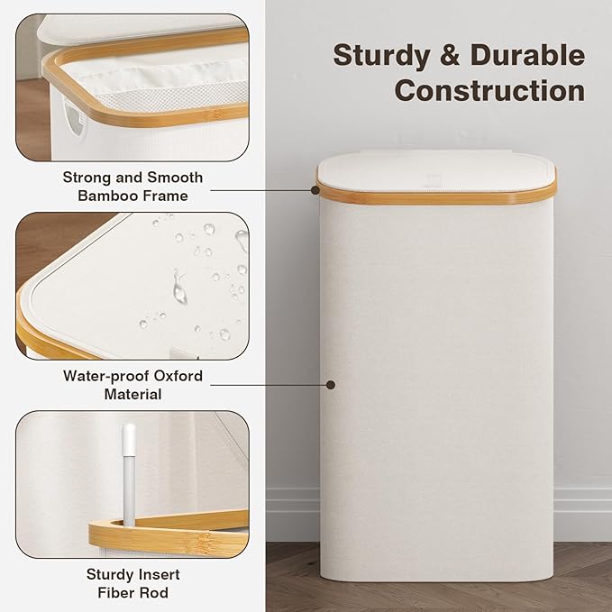 100L Laundry Hamper with Lid, Large Laundry Basket with Bamboo Handles, Clothes Hampers for Laundry with Removable Bag, Dirty Clothes Hampers for Bedroom Aesthetic, Beige