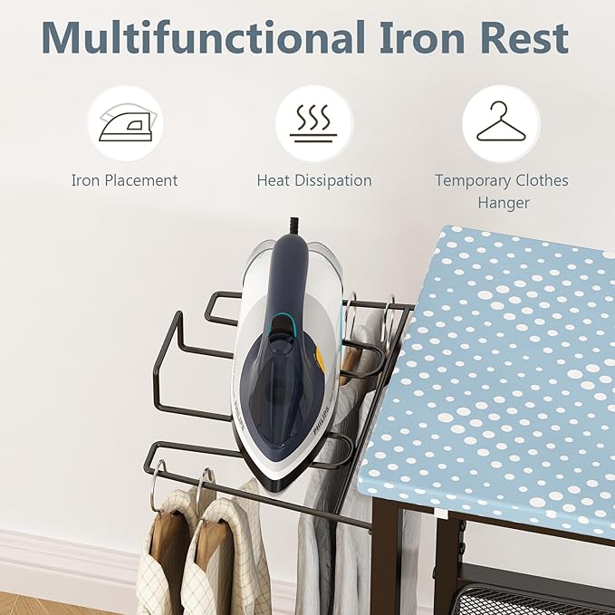 GILLAS Ironing Board with 2 Tier Storage Basket, Movable Ironing Board Full Size for Iron Rest & Clothes, Tabletop Ironing Boards, Ironing Stand Iron Boards Ironing Table Rustic Blue