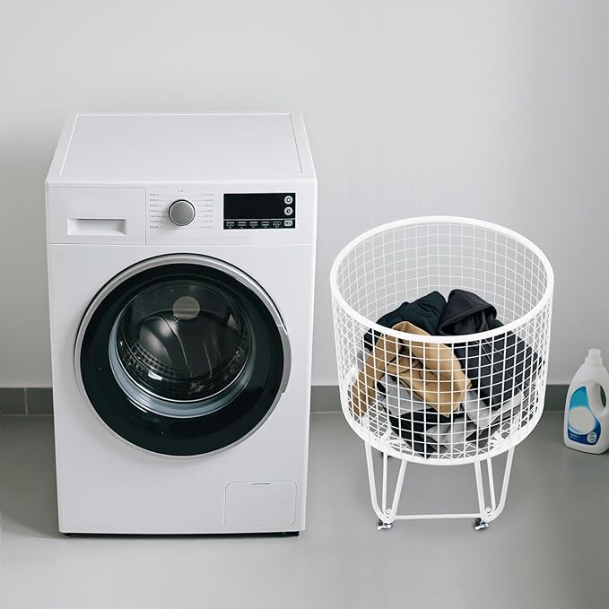 Wire Metal Rolling Laundry Basket On Wheels,Mesh Wire Laundry Basket Storage Cart for Bathroom Bedroom Dirty Clothes Storage (E)