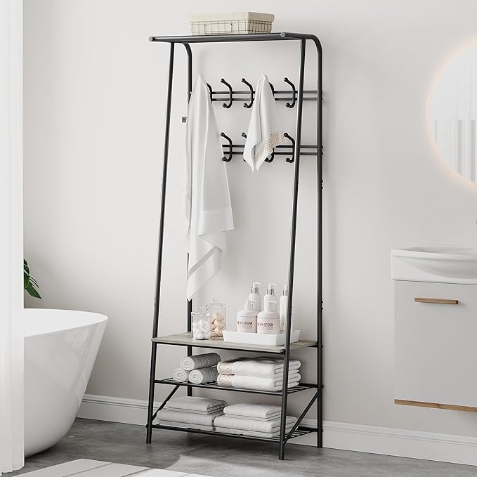 Coat Rack, 4-In-1 Hall Tree, Entryway Shoe Bench Coat Standwith Metal Frame, 3-Tier Shelf and 10 Hooks for Entryway,Hallway, Bedroom