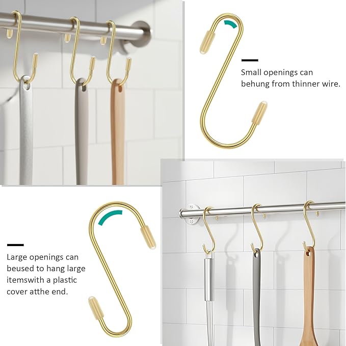Hotop 36 Pcs Gold S Hooks for Hanging 2.4 Inch Heavy Duty S Shaped Hook Rack Metal Non Slip Hanger for Christmas Tree Stocking Kitchen Pot Utensils Closet Wire Bathroom Bedroom Pan Bag Towel Plant