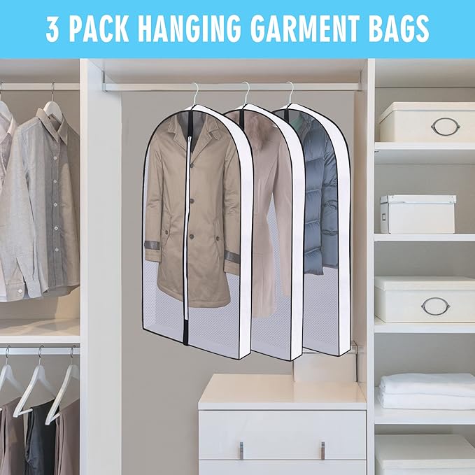 50" Garment Bags for Hanging Clothes, Clear Proof Suits Covers with 4" Gussets for Closet Storage and Travel Hanging Clothes Bag for Coat, Sweater, Jacket, Dress, Shirts (3 Pack - 50")