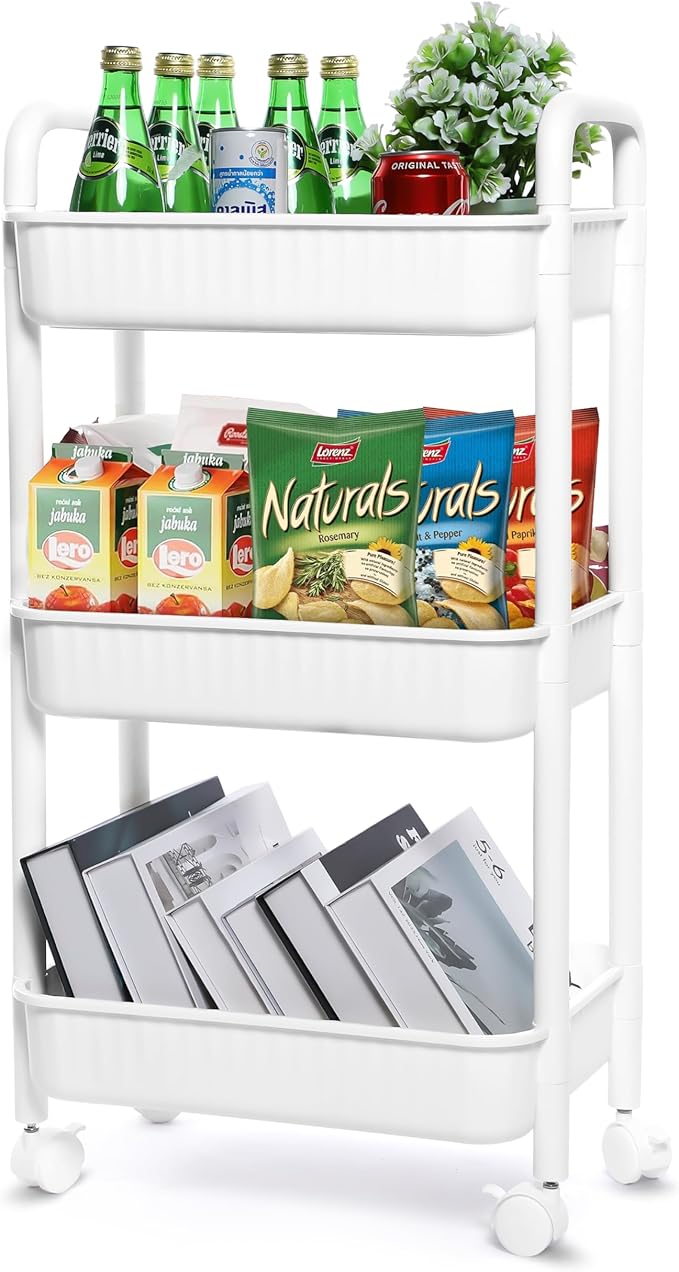 YSSOA Rolling Storage Cart, 3 Tier Slim Mobile Shelving Unit 360° Rotating Wheel Lockable Utility Cart, Ideal for Office, Kitchen, Bathroom, Laundry and Narrow Spaces, White