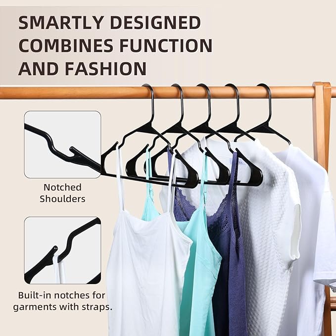 Plastic Clothes Hangers Without Notches,Clothes Hanger Space Saving,Replete 2 Hooks Inside,Sturdy Design for All Garments (40, Black B)