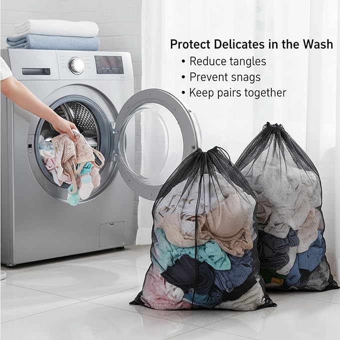 3 Pack Large Mesh Laundry Bags, 23 x 34 Inches Heavy Duty Laundry Net Bag with Drawstring, Durable Mesh Laundry Bags for College Dorm, Travel, Family, Apartment Dwellers, Camping, Black