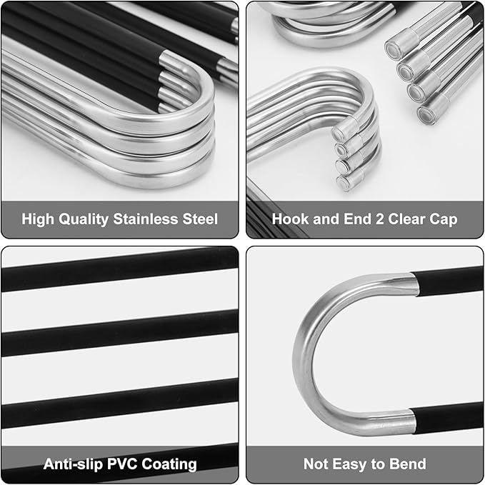 Pants Hangers Space Saving,4 Pack Stainless Steel Non-Slip Hangers for Pants,Multiple S-Shaped Closet Storage Organizer Hanger for Pants Jeans Scarf Towels Leggings
