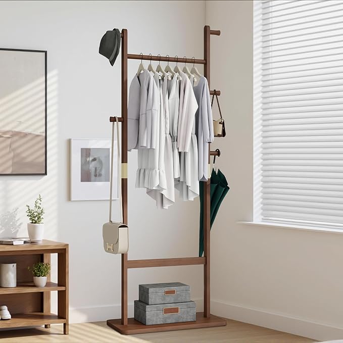 CHANCEE Solid Wood Coat Rack, Freestanding Clothes Rack with Shoe Storage, Heavy-Duty Hall Tree with 5 Hooks, Corner Coat & Hat Stand for Bedroom, Entryway, Living Room, Hotel
