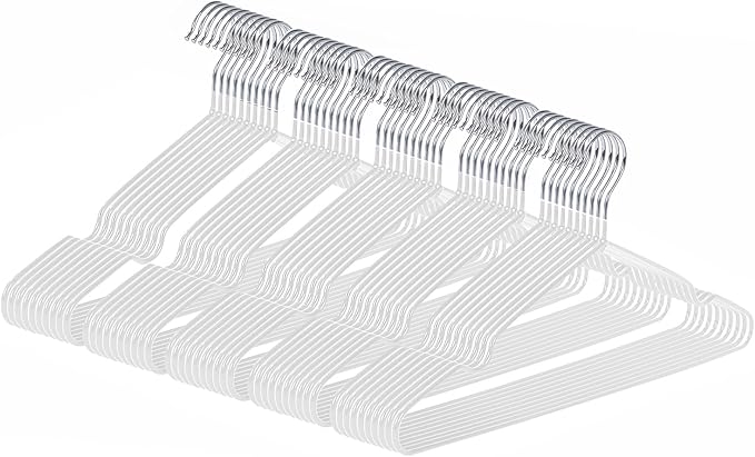 Ultra-Thin Metal Hangers, 50 Pack Non-Slip PVC Coated Space Saving Clothes Hangers for Closet, 16 inch Wide for Suits, Dresses, Jackets（White）