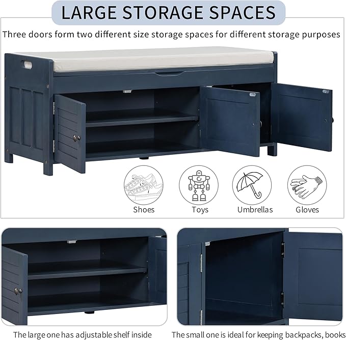 SOFTSEA Upholstered Storage Bench, Entryway Shoe Bench with Removable Cushion and Hidden Storage, Wooden Storage Ottoman with 3 Shutter-Shaped Doors for Entryway, Living Room, Bedroom, Blue