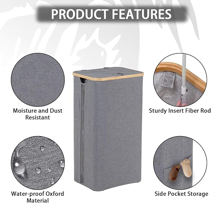 100L Laundry Basket with Lid, Clothes Hampers for Laundry with Bamboo Handles Large Foldable Laundry Hamper with Removable Inner Bag for Laundry Room, Bathroom, Bedroom and Dorm - Grey
