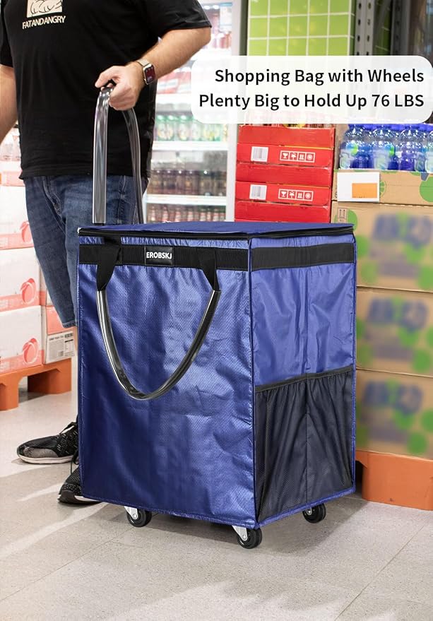 (Medium, Navy) Reusable Grocery Bag on Wheels, 70L Foldable Rolling Tote, Carries Up to 66 lbs Shopping Trolley, Zipper Clouser Shopping Carts for Trips, Laundry, 4 Heavy Duty Wheels and 3 Handles