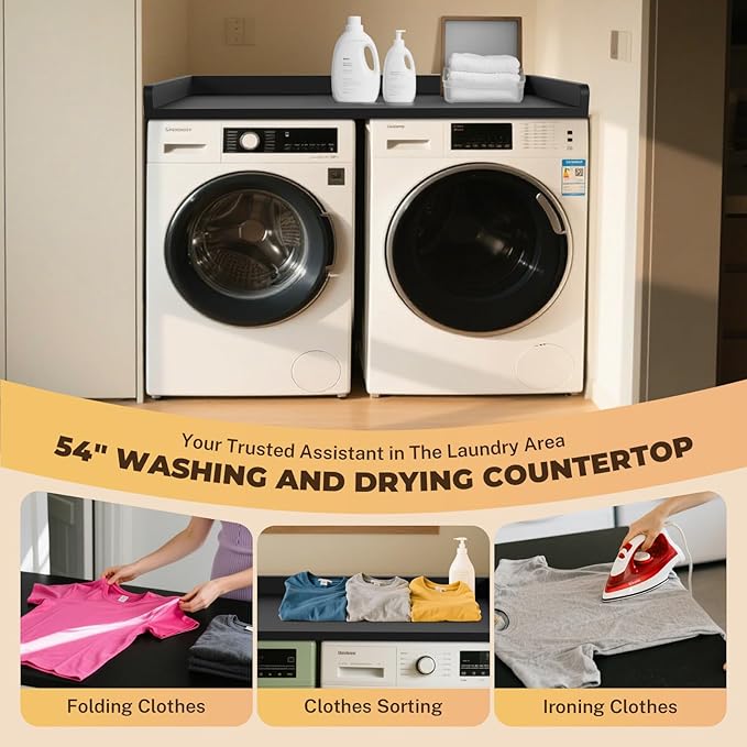 FAHKNS Washer Dryer Countertop - Wood Laundry Washer Dryer Topper with Anti-Slip Mat, 54" Width Waterproof Laundry Room Organization, Light & Save Space, Black