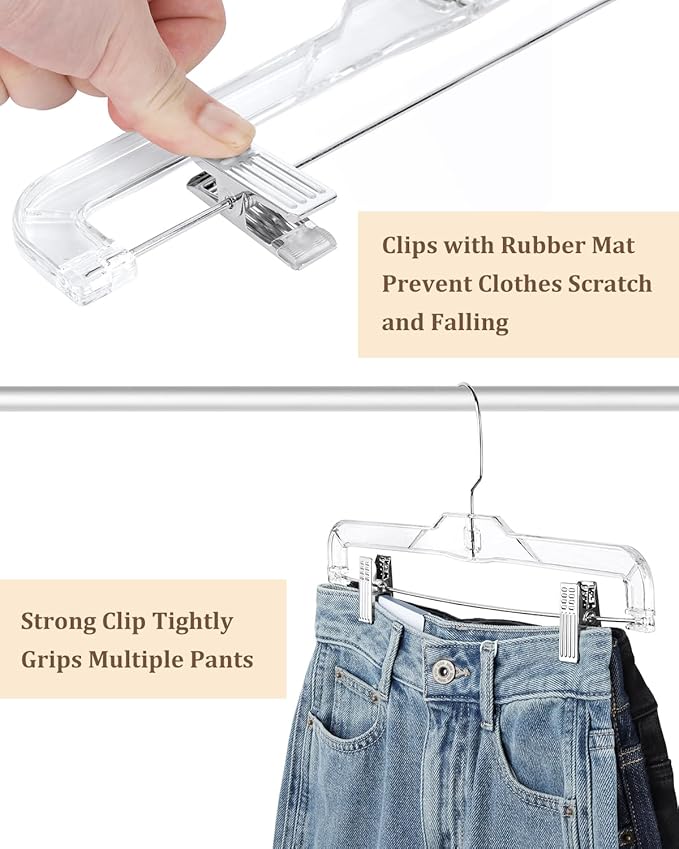 AMKUFO Pants-Hangers-with-Clips-30-Pack, 14 Inch Clear-Plastic-Skirts-Hangers-with-Adjustable-Clips for Shorts Jeans Trousers, Clothes-Hangers Non-Slip Clip-Hangers