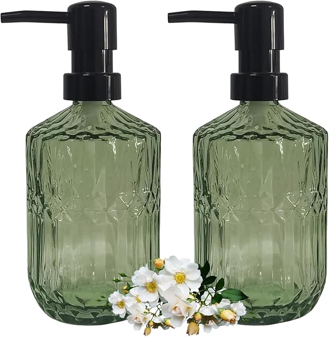 Green Glass Soap Dispenser with Black Plastic Pump, 15oz Refillable Glass Lotion Hand Soap Dispensers for Modern Kitchen Sink, Bathroom Countertop, Hotel