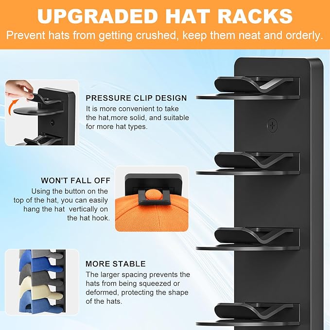 Vocanoe Hat Organizer for Baseball Caps, 2 Pack Hat Rack for Wall Strong Adhesive Hold up to 16 Hats, Multilayer Hat Storage Holder, Wall Mounted Cap Racks for Closet Door and Bedroom
