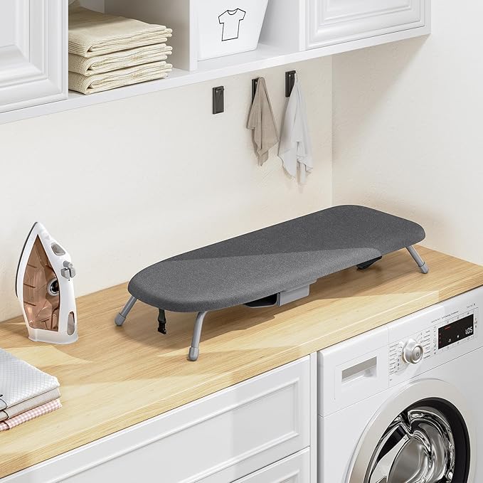 Kingboard Tabletop Ironing Board with Iron Holder, Small Iron Board with Heat Resistant Covers, Portable Mini Ironing Board with Non-Slip Feet for Home Travel, 12 * 32 Black