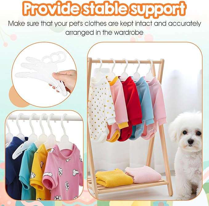 72 Pcs Dog Clothes Hangers, 7 Inch White Plastic Pet Clothes Hangers with Anti-Slip Design, Small Pet Clothing Hanger for Wardrobe Organization, Cat & Puppy Apparel