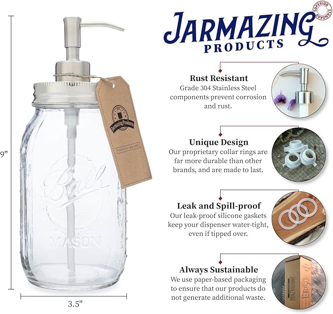Jarmazing Products Quart Size Mason Jar Soap and Lotion Dispenser - 32 Ounce - Made from Rust-Proof Stainless Steel