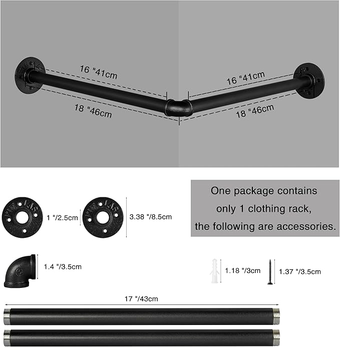 AddGrace Industrial Pipe Garment Rack Iron Wall Mounted Right Angle Corner Clothing Rack with Screws DIY Home Storage Display (Black) 18.1"
