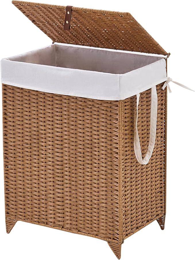 Handwoven Laundry Hamper with Lid, Natural Hyacinth Heightened Feet Laundry Basket, Wicker Clothes Hamper with Removable Liner Bag (Wicker, 90L)