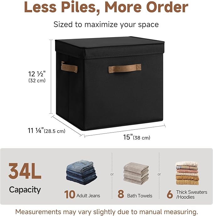 StorageWorks Fabric Storage Bins with Lid, Decorative Storage Boxes for Shelves, Stackable Closet Organizer Basket with Handles, Large, Black, 2-Pack