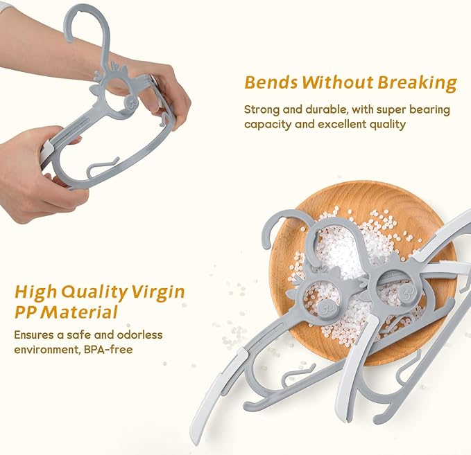 Kids Hangers 30PCS, 11"-14" Extendable and Stackable Baby Hangers, 45g Ultra-Thick Space Saving Non-Slip Plastic Hanger for Infant, Toddler and Nursery Closet, Gray
