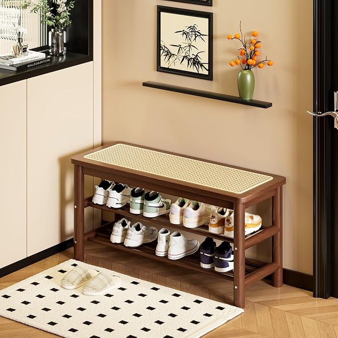 latifolia Shoe Rack Bench, 3-Tier Bamboo Shoe Bench with Breathable Rattan Seat Cushion, Shoe Storage Rack for Entryway(Walnut,39.70''L)