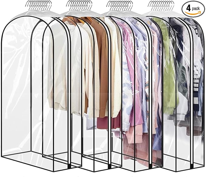 40" Clear Garment Bags for Hanging Clothes, Garment Bags for Storage with Smooth Side Zipper 10" Gusseted Waterproof Garment Bag for Shirts, Coats, Dresses, Suits,4 Pack