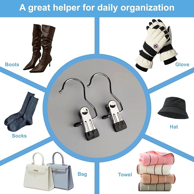 24 Pack Hanger Clips, Multi Function Clip Hooks, Laundry Hanging Hooks Clips, Clothes Clips, Closet Hangers, Boot Clips, Sock Clips, Hat Clips, Glove Clips, Trouser Clips, Towel Pins