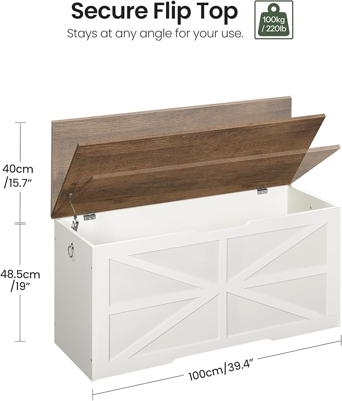 Storage Chest, 39.4" Toy Chest, Modern Storage Bench with Safety Hinge, Toy Box, Farmhouse Style, for Bedroom, Living Room, Walnut and White MCW10WL