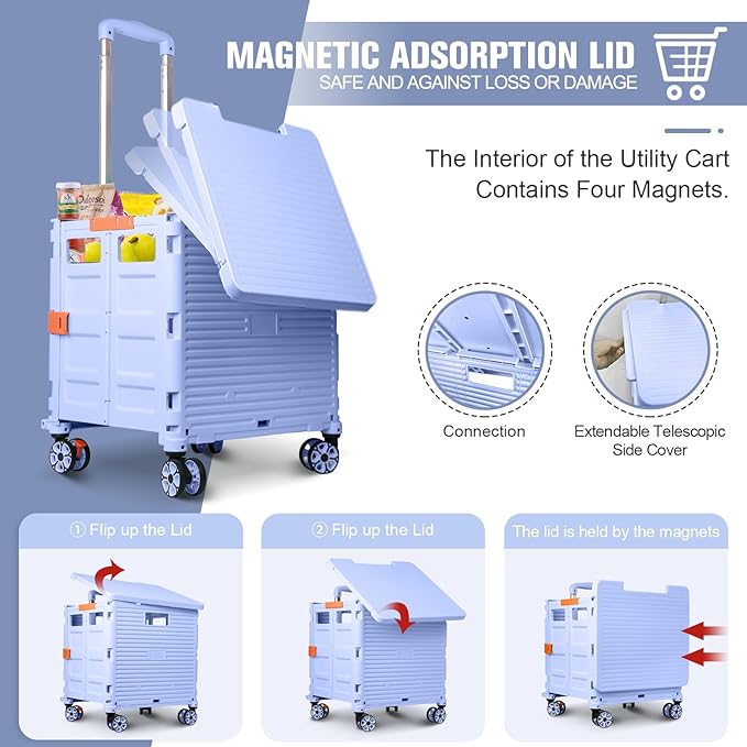 Foldable Utility Cart Folding Portable Rolling Crate with Magnetic Extended Lid,360°Rotate Wheels,176LBS Load Capacity,Heavy Duty Durable Dolly Cart for Teacher Tourist Shopping Office Outdoor
