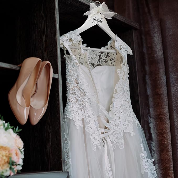 Bride Wedding Dress Pearl Mrs. Hanger with Pearl Ribbon Bow Elegant Wooden Dress Hanger to Be Ideal Keepsake for Wedding Day Gift(White,Bride)