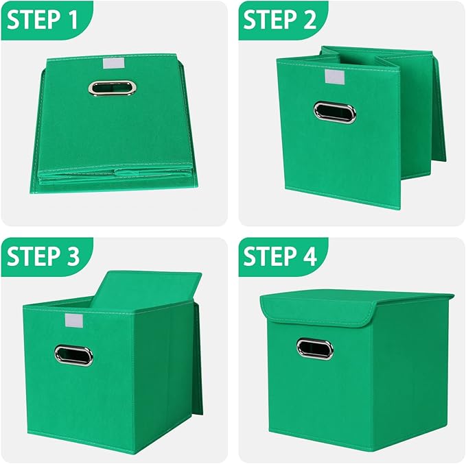 Closet Organizers Fabric Storage Bins With Lids Collapsible Cube Storage Organizer Basket With Handles,Storage Boxes for Clothes Storage,Office,Laundry,Shelves,6 Pack,（Green）