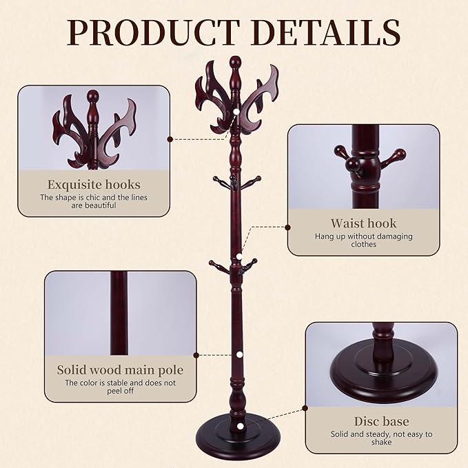 Wooden Coat Rack Freestanding, Creative Antler Hooks, Coat Hanger Stand 14 Hooks, Coat Tree Adjustable Height 73", Round Base, Coat Racks free standing for Entryway Hallway, Porch, Bedroom