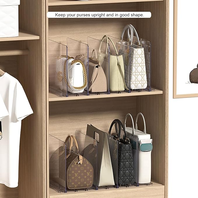 Purse Organizer for Closet, Clear Acrylic Shelf Dividers Adjustable Purse Storage Rack for Closet Handbag & Gift Bag Storage Organizer
