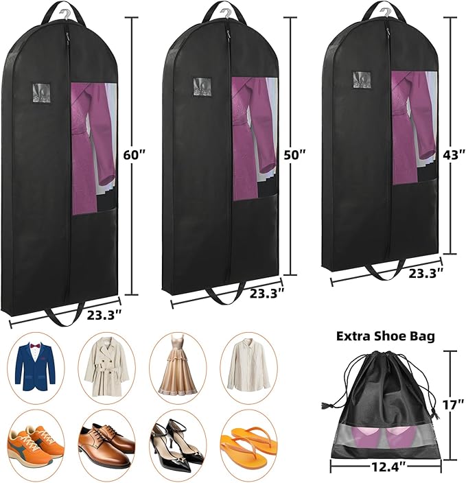 Garment Bags for Hanging Clothes and Travel with 4" Gusseted, Suit Cover for Clothes,Coats,Suit,Jackets,Dress,Shirts,Skirt. (Black-50"-Double zipper-Thickened 80G Non-woven Fabric)