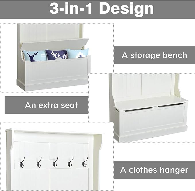 HOMCOM Hall Tree with Bench and Shoe Storage, 3-In-1 Entryway Bench with Coat Rack, 5 Hooks and Flip Top Storage Compartment, Cream White