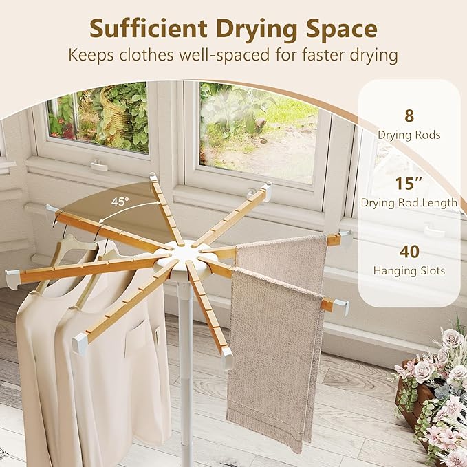 Tangkula Clothes Drying Rack, Foldable Laundry Drying Rack with 8 Bamboo Hanging Rods, 4-Legged Design, Space-Saving Floor Standing Octopus Airer for Balcony Bedroom Household