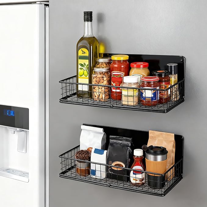 2 Pack Magnetic Basket for Fridge, Magnetic Spice Rack for Side of Refrigerator, Small Magnet Wire Bin Basket Fridge Shelf Organizer Kitchen Classroom Whiteboard Pantry Office Storage, Black