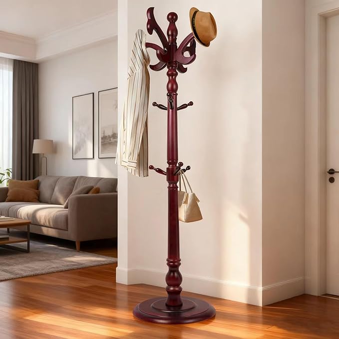 73" Wooden Freestanding Coat Rack，Easy to Adjust, Easy to Assemble for Children, Youth,Coat Rack Stand With Adults，18 Hooks and Round Solid Wood Base for Entrance Hallway Office Living Room (fishtail)