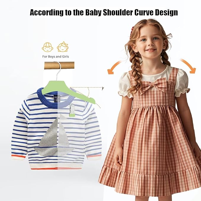Green 12.7" Ultra-Thin Wooden Children Closet Clothes Clips Hangers 20PCS Wood Baby Kids Coat Hangers for Infant Toddler Newborn Jumpsuit Pants Skirts Jeans Space Saving Heavy Duty Durable