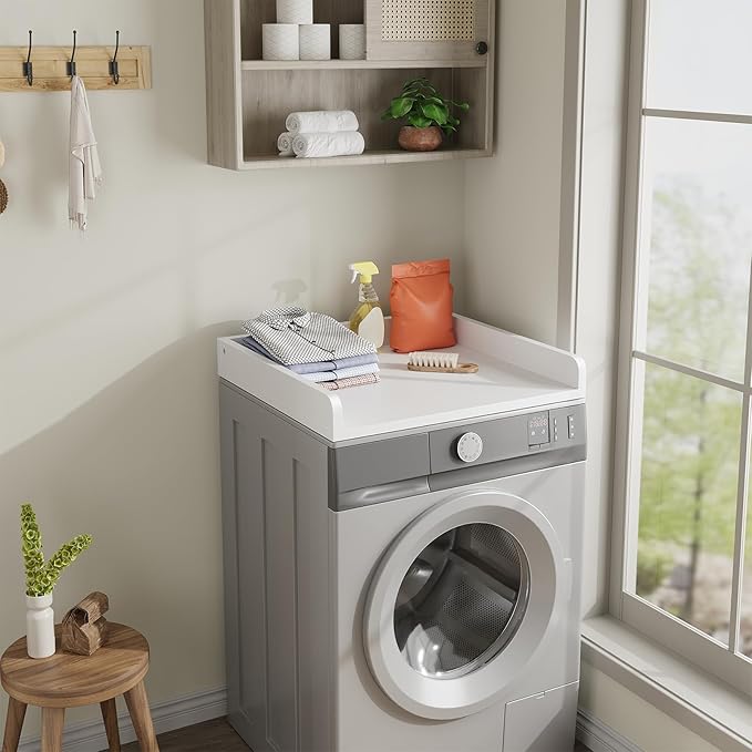 Washer Dryer Countertop, 27.5" D x 27.5" W x 3.2" H, Countertop for Washer and Dryer with Non-Slip Pads and Round Corner Edge Rails, Laundry Room Organization(White)