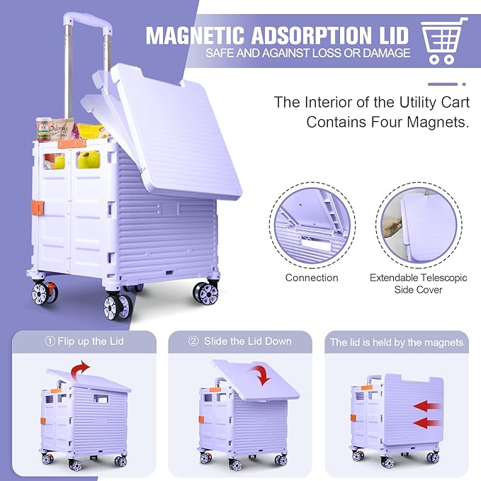 FELICON SELORSS Folding Utility Cart Portable Rolling Crate Handcart with Magnetic Sliding Lid Telescoping Handle Plastic Box Dolly 360°Swivel Wheels for Travel Shop Move Office Teacher(Purple Pro)